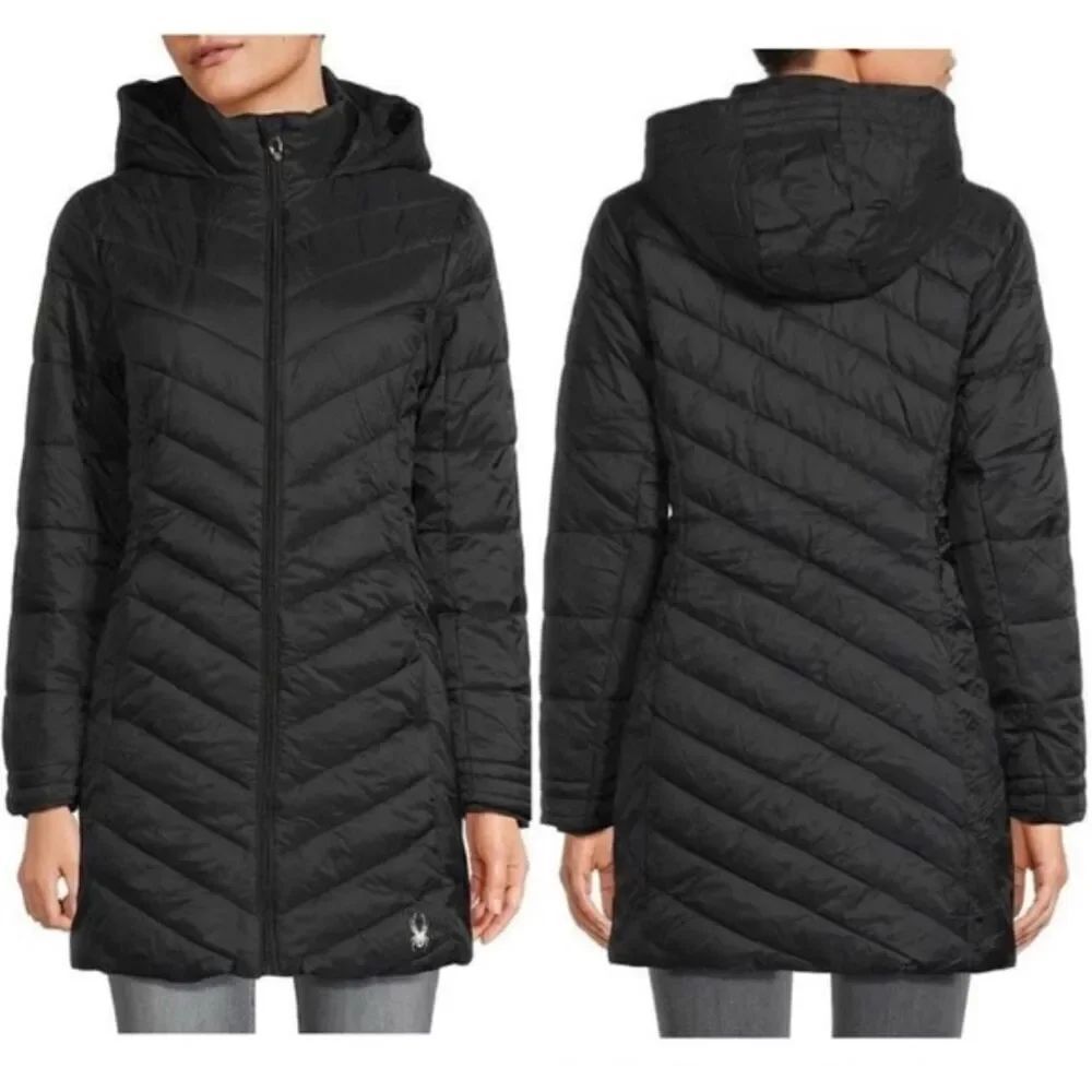 Spyder Black puffer thermal Hooded quilted long jacket front zipper L